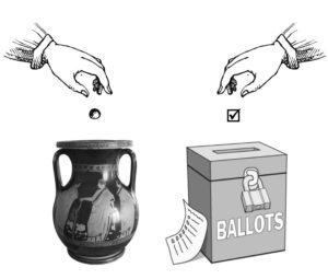 hands dropping ballot tokens in urn